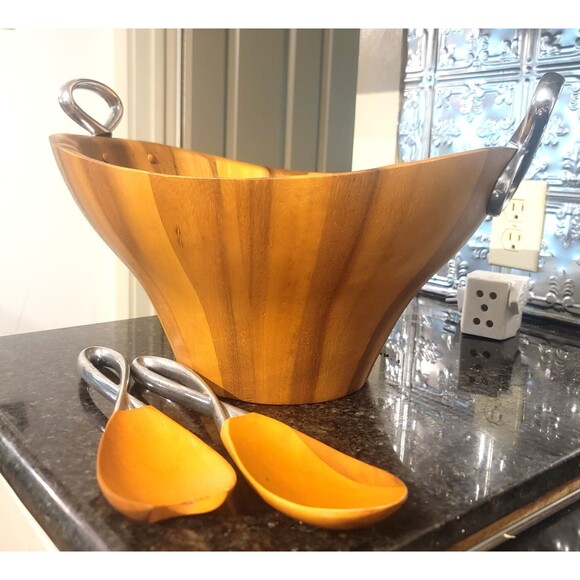 Luxury Nambe Acacia Wood Large Salad Serving Bowl Fork & Spoon Silver Accents - Picture 3 of 16